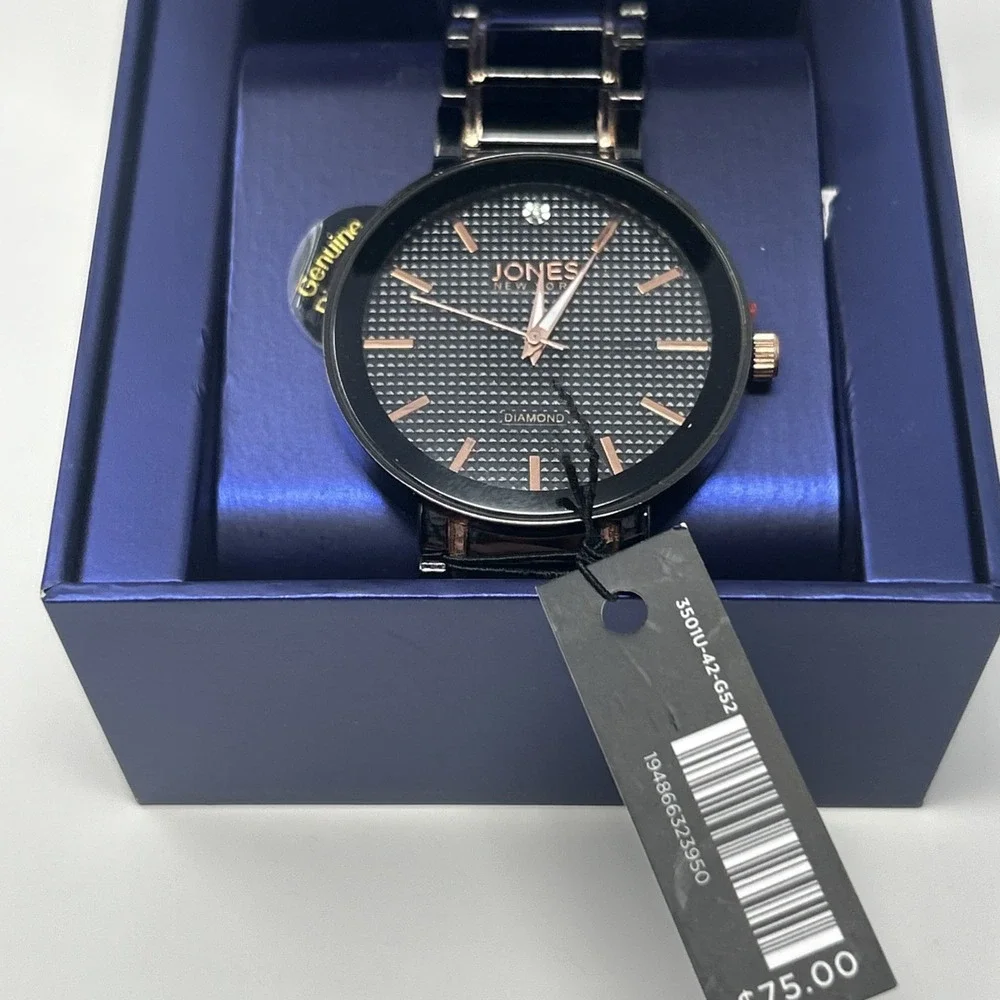 NIB Jones New York Men's Watch Black/Gold Black Face Genuine Diamond
